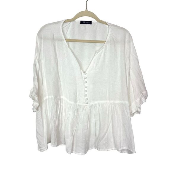 KLD white Flowy Oversized Blouse Large Short Flutter Sleeves Button Up Womens - Picture 1 of 11